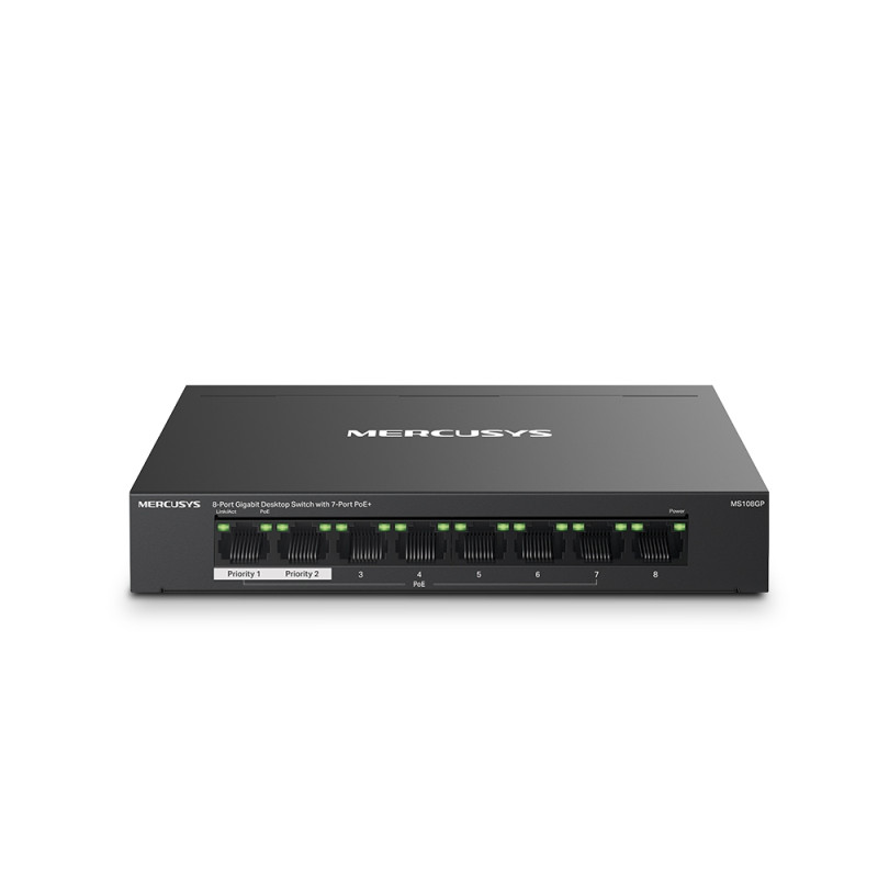 Mercusys 8-Port Gigabit Desktop preklopnik (Switch) 7× Gigabit PoE+, 1× Gigabit Non-Po, Plug & Play, metalno kućište