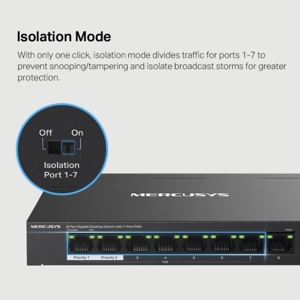 Mercusys 8-Port Gigabit Desktop preklopnik (Switch) 7× Gigabit PoE+, 1× Gigabit Non-Po, Plug & Play, metalno kućište - Slika 7