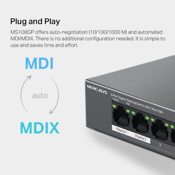 Mercusys 8-Port Gigabit Desktop preklopnik (Switch) 7× Gigabit PoE+, 1× Gigabit Non-Po, Plug & Play, metalno kućište - Slika 9