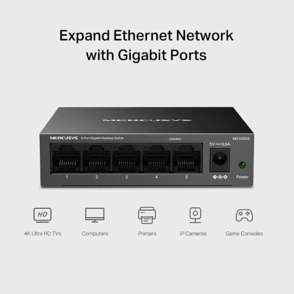 Mercusys MS105GS 5-Port Gigabit Desktop preklopnik (Switch) 5×10/100/1000Mbps, Plug & Play, Auto-Negotiation, Auto-MDI/MDIX, metalno kućište - Slika 5