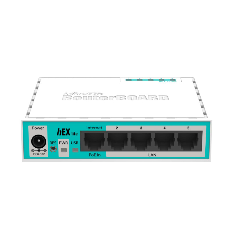 Mikrotik RB750r2 hEX lite, 850MHz CPU, 64MB RAM, 5×LAN, RouterOS L4, plastično kućište, PSU