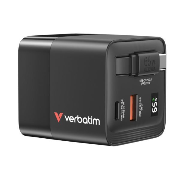 Verbatim GaN zidni punjač 65W, USB-C kabel na izvlačenje + 1×USB-A + 1×USB-C - Slika 3