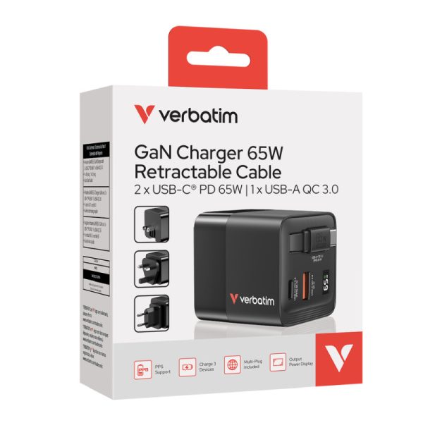 Verbatim GaN zidni punjač 65W, USB-C kabel na izvlačenje + 1×USB-A + 1×USB-C - Slika 5