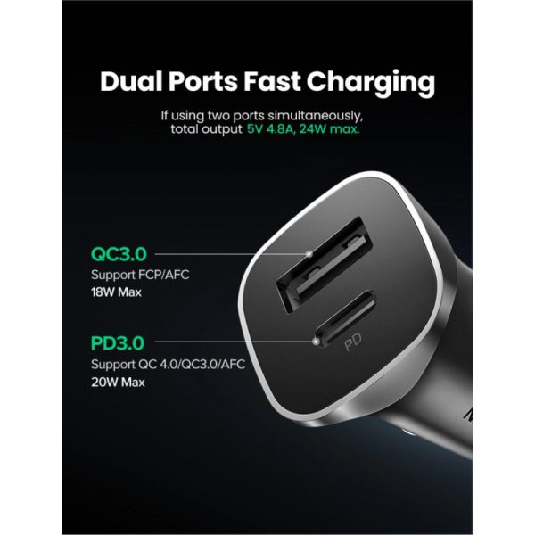 UGREEN auto punjač 30W, USB-C+USB-A, PD3.0/QC3.0, sivi - Slika 7