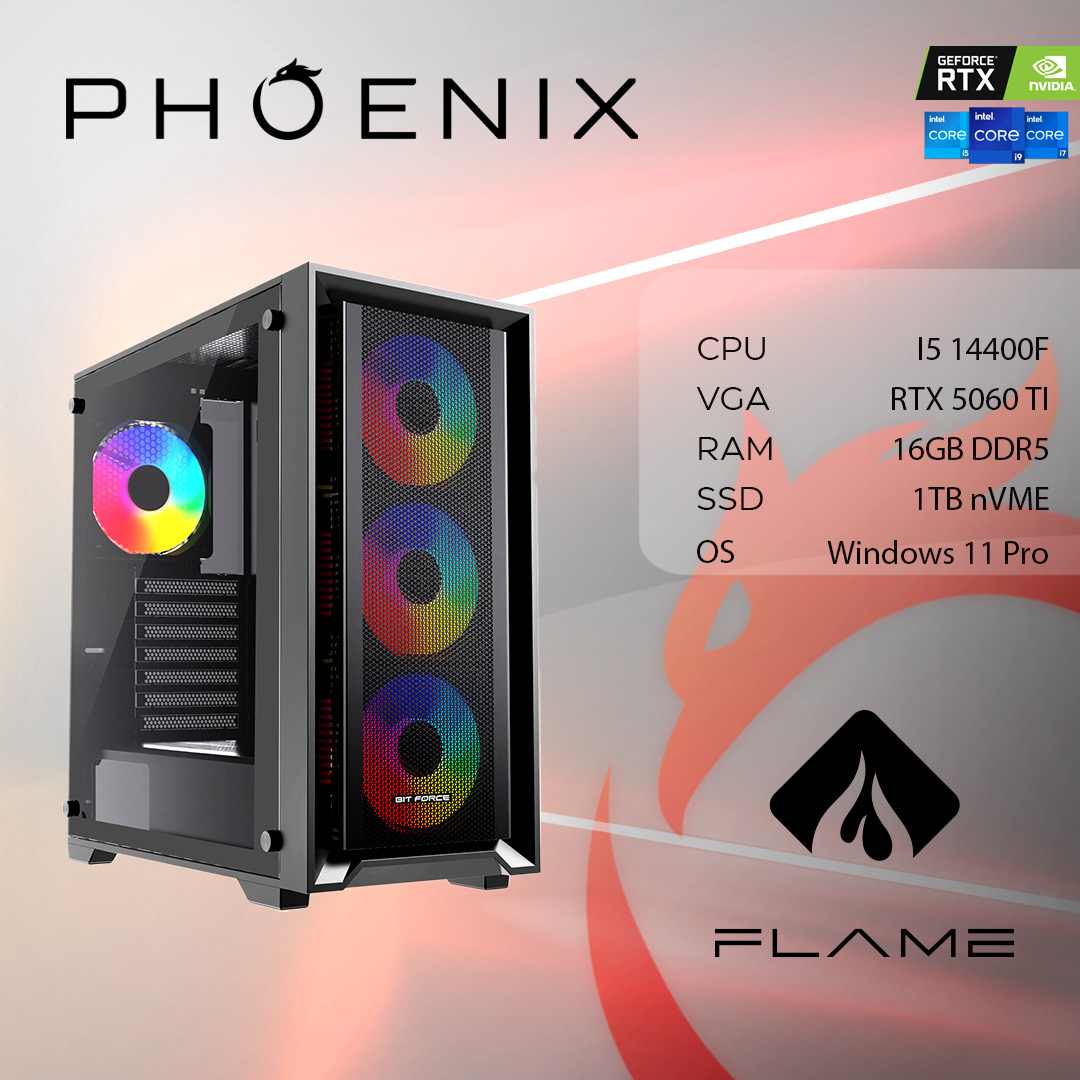 Računalo Phoenix FLAME X-512 Intel i5 14400F/16GB DDR5/NVME SSD 1TB/RTX 5060 TI 8GB/600W 80+/Windows 11 PRO