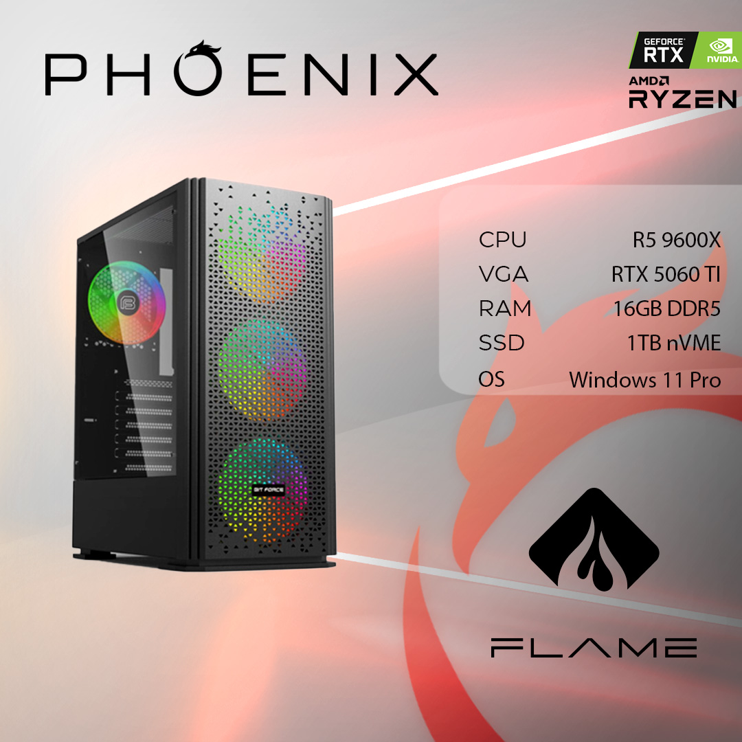 Računalo Phoenix FLAME X-513 AMD Ryzen 5 9600X/16GB DDR5/NVME SSD 1TB/RTX 5060 TI 16GB/600W 80+/Windows 11 PRO
