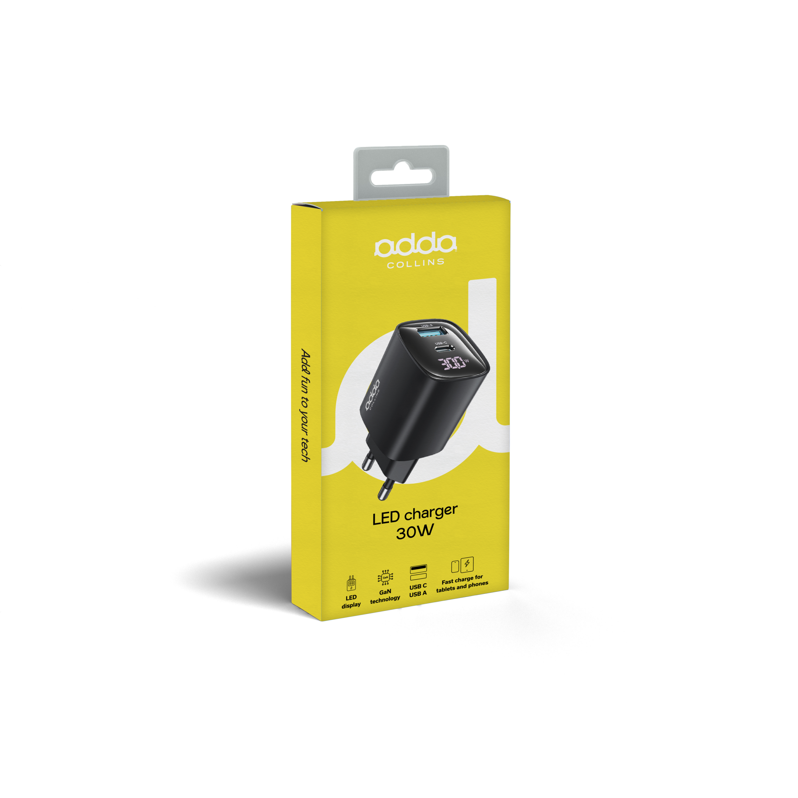 Zidni punjač Adda Collins CH-009-BK, USB-A i Type C izlazi, 30W, GaN, LED zaslon, crni