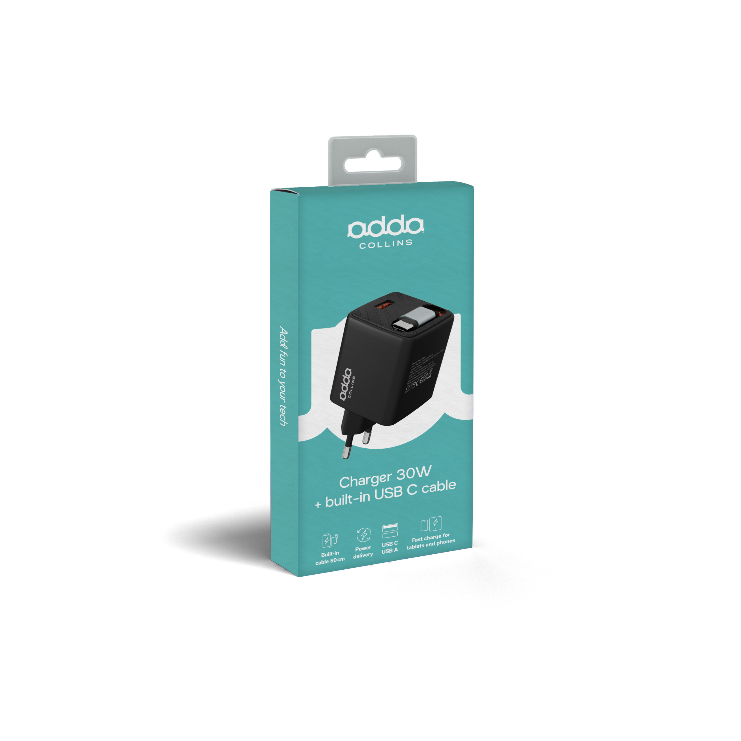 Zidni punjač Adda Collins CH-011-BK,Type C ulaz, s integriranom Type C kabelom,30W, GaN, crni